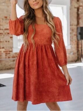 Liam & Co Rust Faux Suede Square Neck Puff Sleeve Mini Dress Large